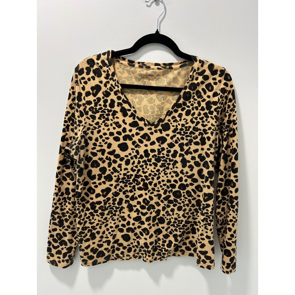 Liz Claiborne New York Womens XL Leopard Print V-Neck 100%Cotton Top Long Sleeve